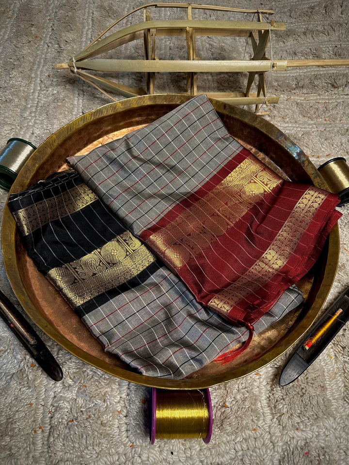Grey Checks Weave Soft Cotton Banarasi Saree