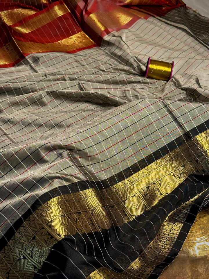 Grey Checks Weave Soft Cotton Banarasi Saree
