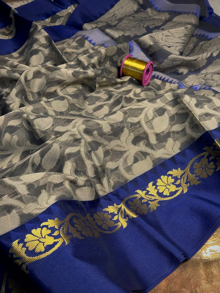 Grey Patola Blue Weave Soft Cotton Banarasi Saree