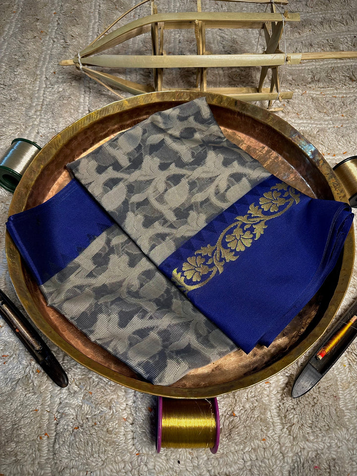 Grey Patola Blue Weave Soft Cotton Banarasi Saree