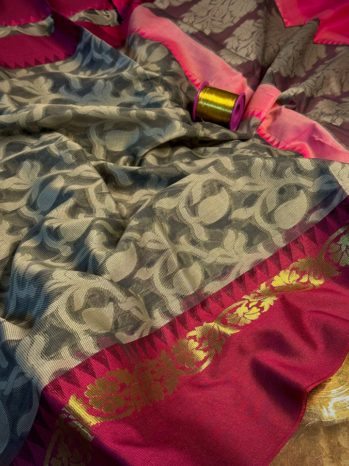 Grey Patola Rani Weave Soft Cotton Banarasi Saree