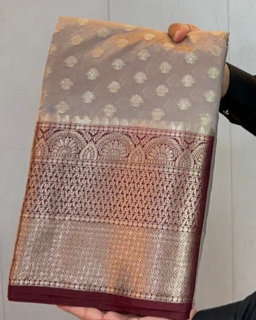 Grey Chinia Silk Khaddi Buti Banarasi Saree