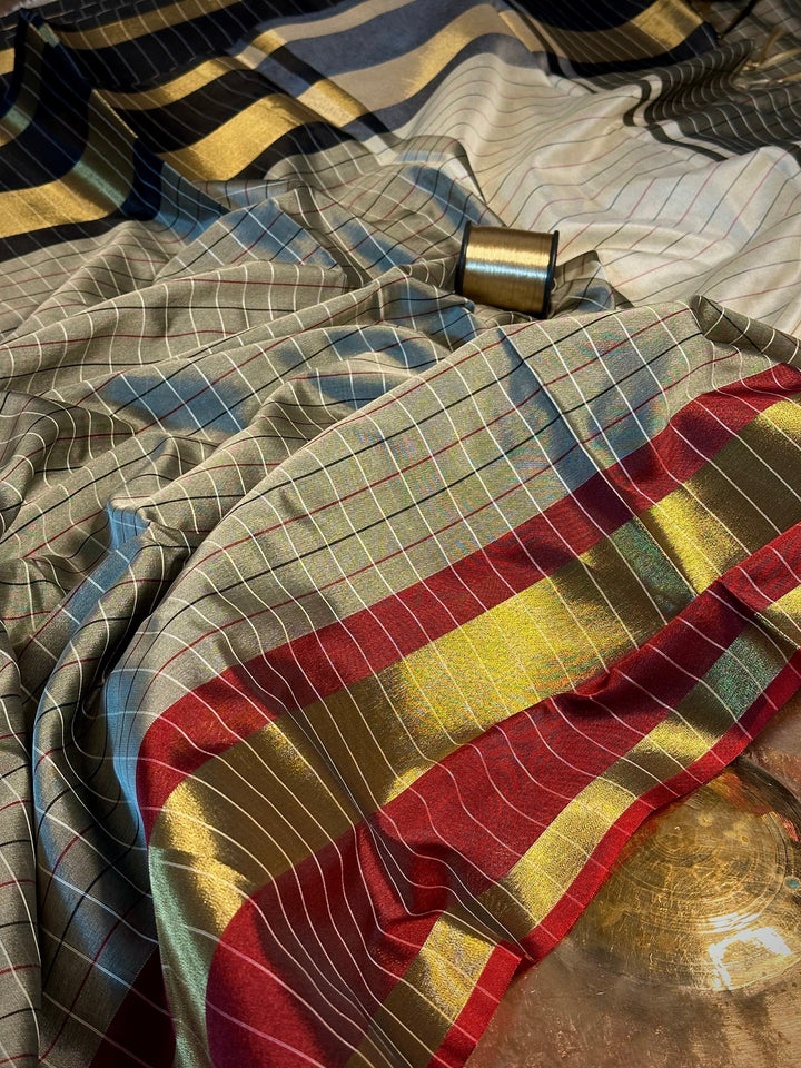 Grey checks weave Softsilk Banarasi saree