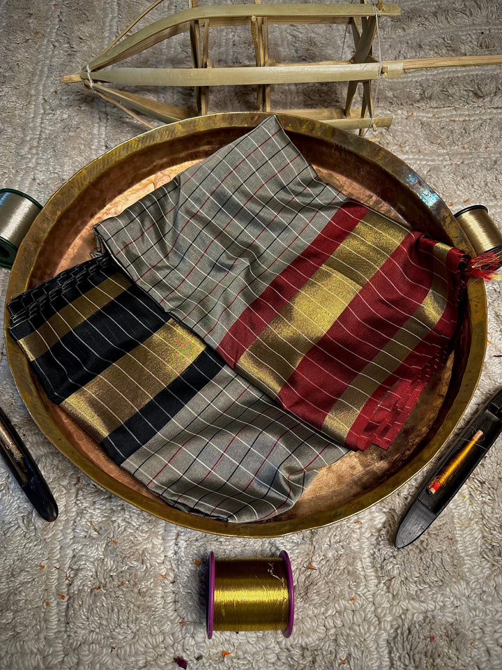 Grey checks weave Softsilk Banarasi saree