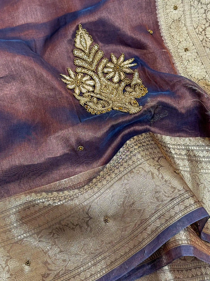 Greyish Blue Premium Handwork Pure Tissue Silk Banarasi Saree