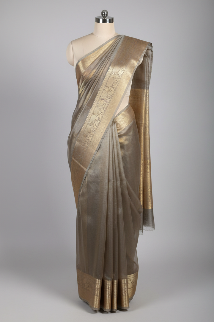 Greyish Brown Kora Tissue Silk Eccentric Banarasi Saree