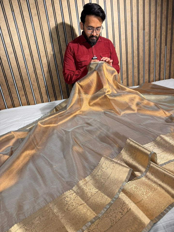 Greyish Brown Kora Tissue Silk Eccentric Banarasi Saree