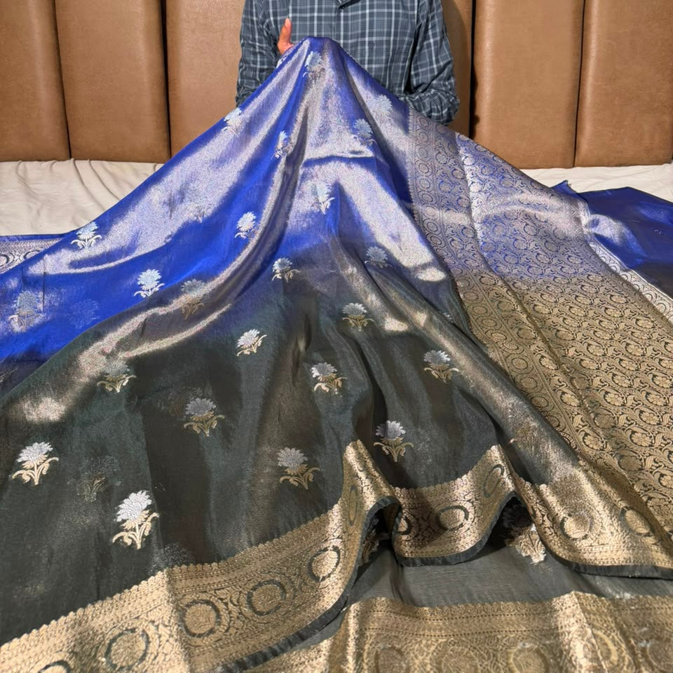 Ombré Blue Breathable Soft Tissue Banarasi Saree
