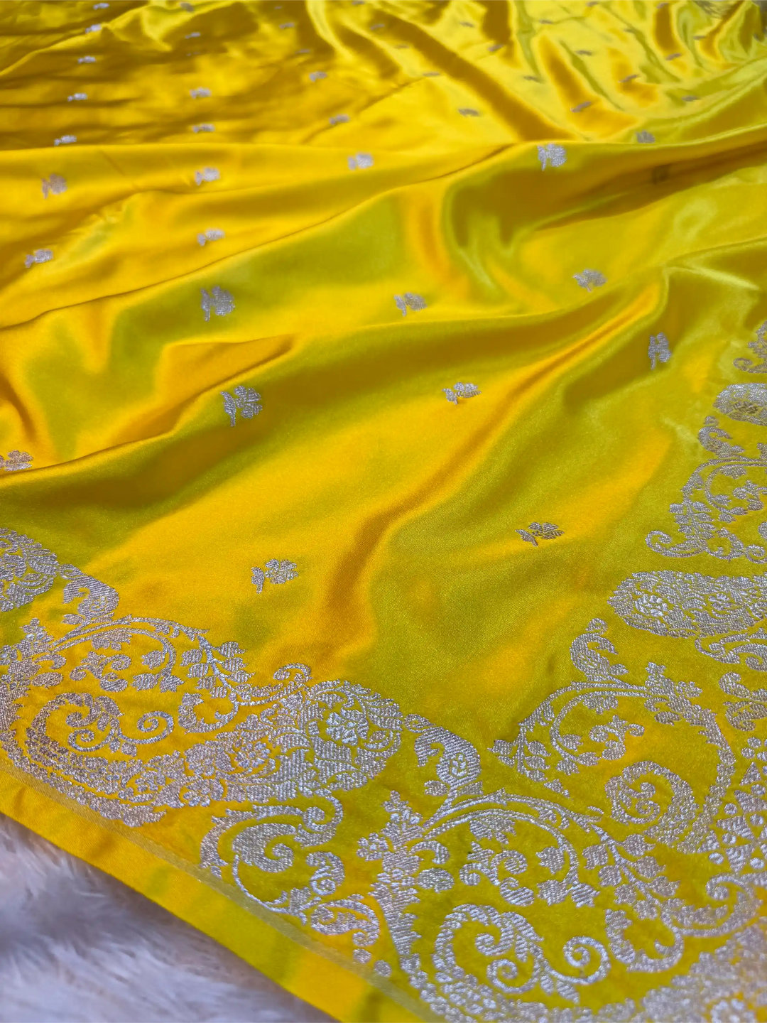 Haldi Special Bright Yellow Mashru Katan Silk Contemporary Weave Banarasi Saree