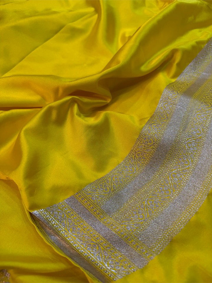 Haldi Special Bright Yellow Mashru Katan Silk Contemporary Weave Banarasi Saree