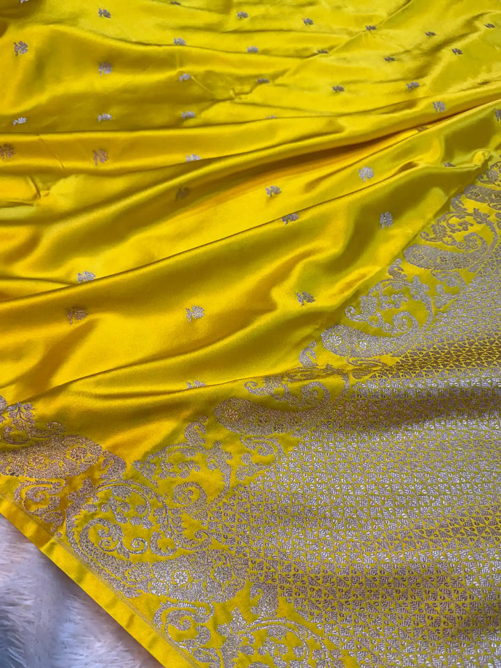 Haldi Special Bright Yellow Mashru Katan Silk Contemporary Weave Banarasi Saree