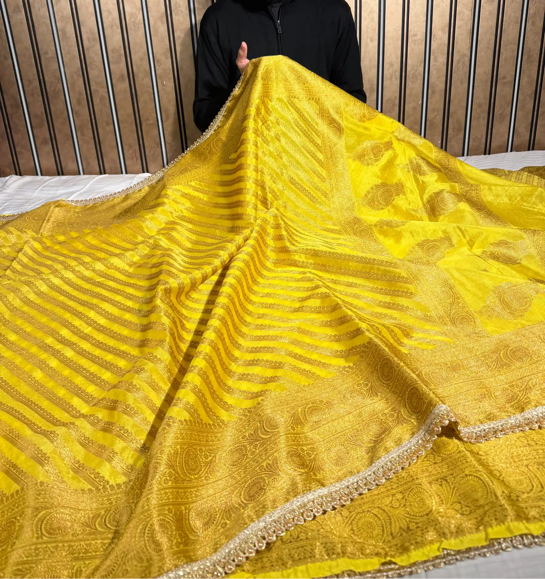 Haldi Yellow Georgette Silk Designer Lace Attached Banarasi Saree