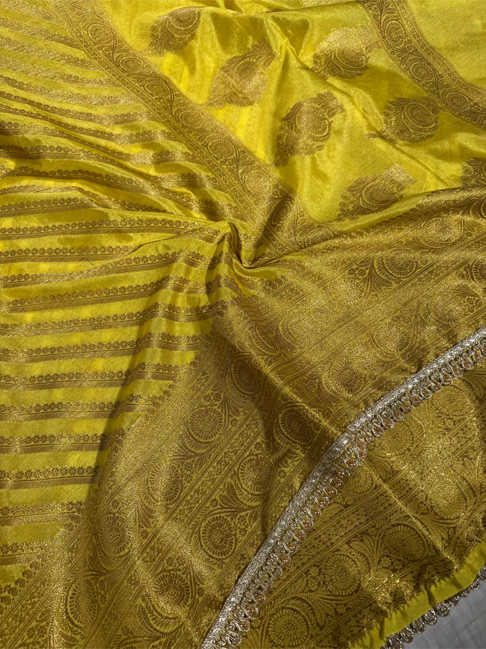 Haldi Yellow Georgette Silk Designer Lace Attached Banarasi Saree