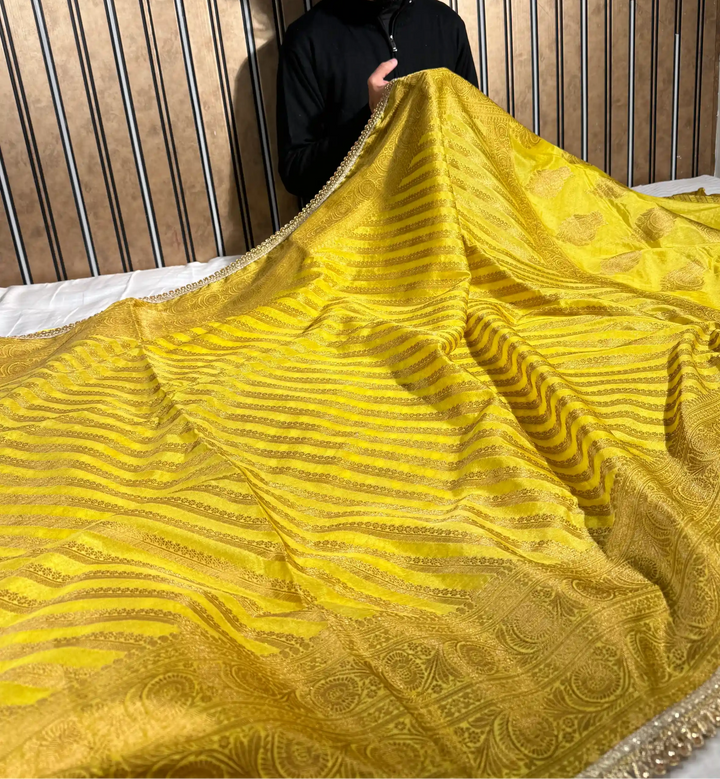 Haldi Yellow Georgette Silk Designer Lace Attached Banarasi Saree