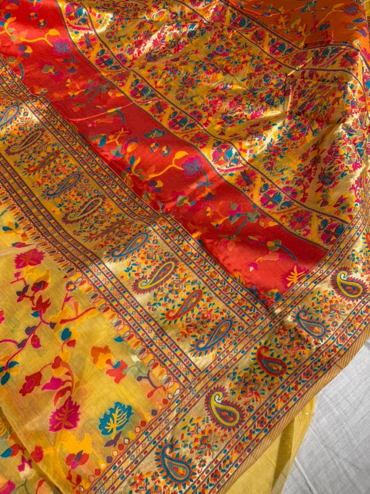 Haldi Yellow Soft Cotton Pashmina Tilfi Meenakari Banarasi Saree