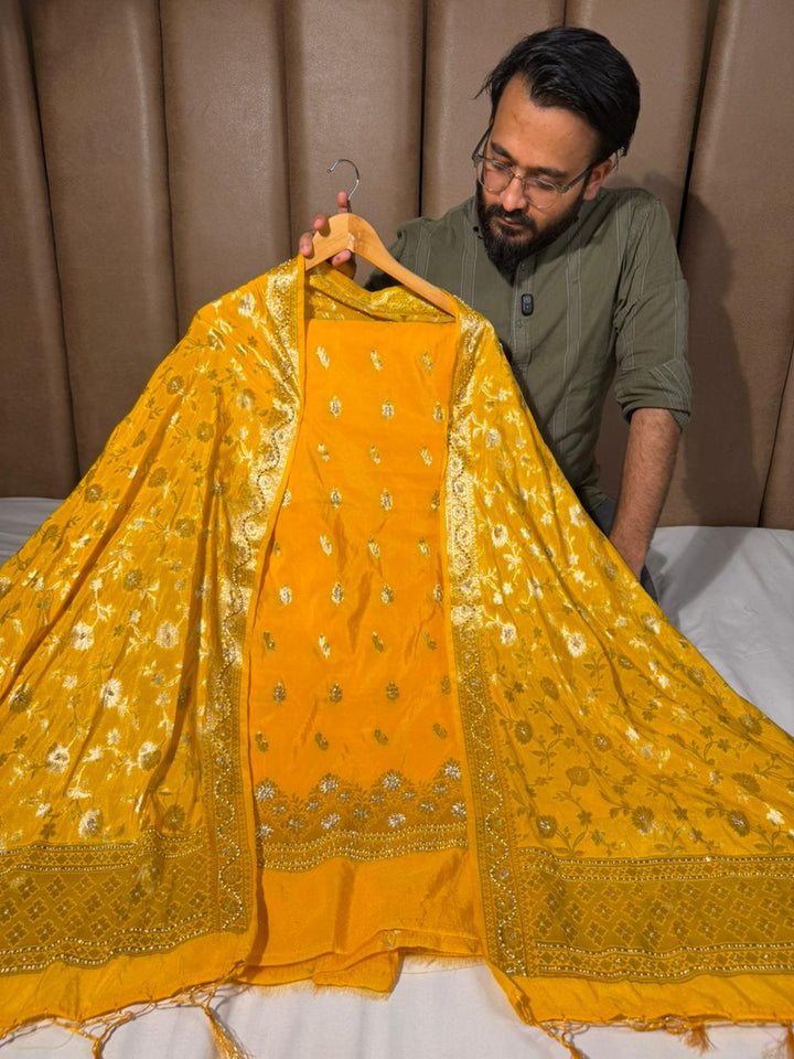 Haldi Special Yellow Chinia Silk Premium Handwork Suit