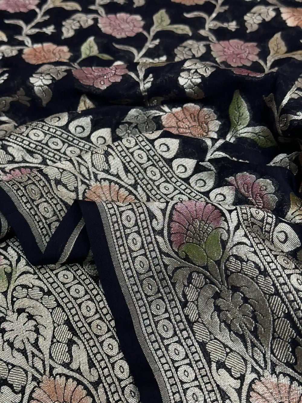 Handbrush Dyed Black Khaddi Georgette Banarasi Saree
