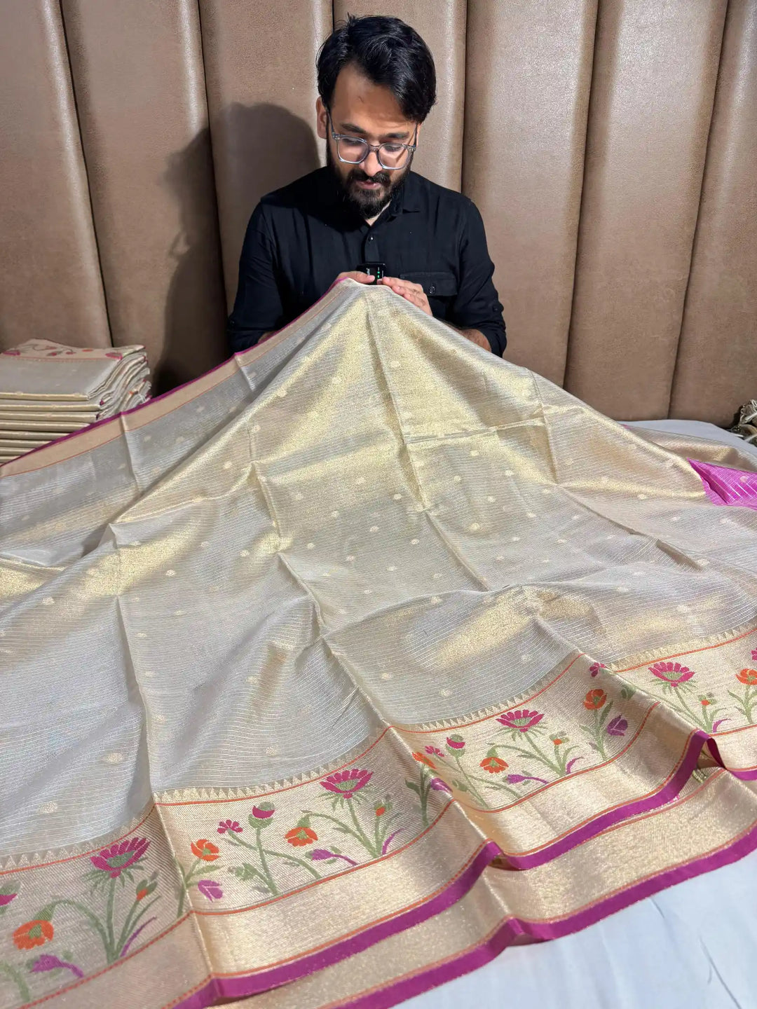 Handloom inspired premium lightweight tissue kota silk saree with meenakari work