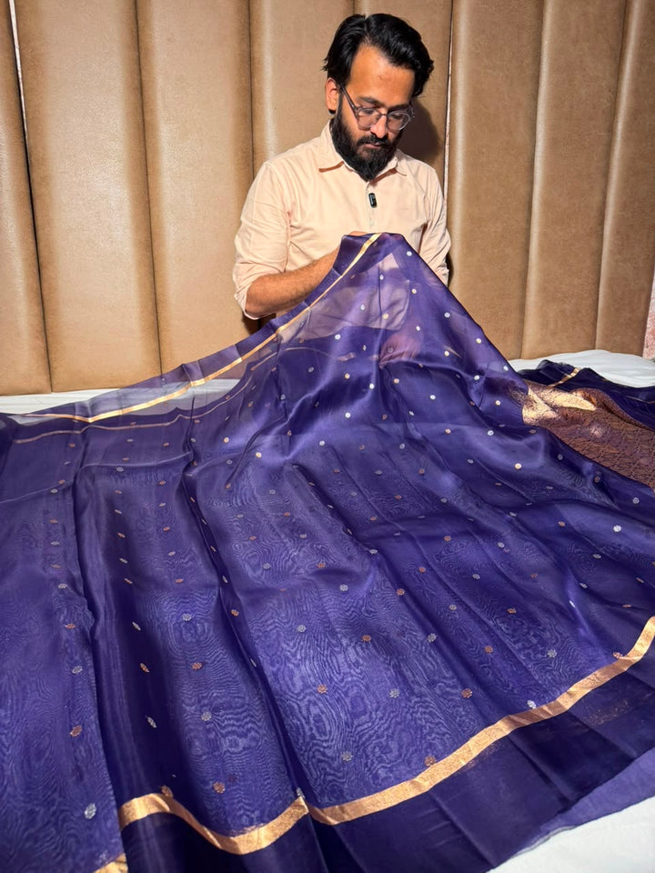 Handwoven Pure Organza Silk Purple Banarasi Saree