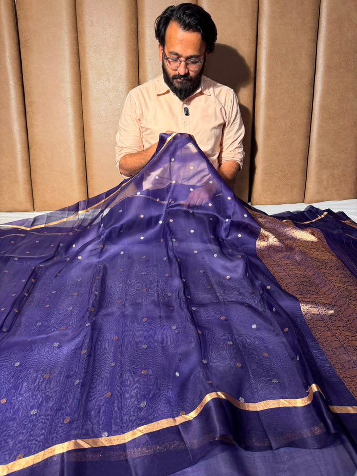 Handwoven Pure Organza Silk Purple Banarasi Saree