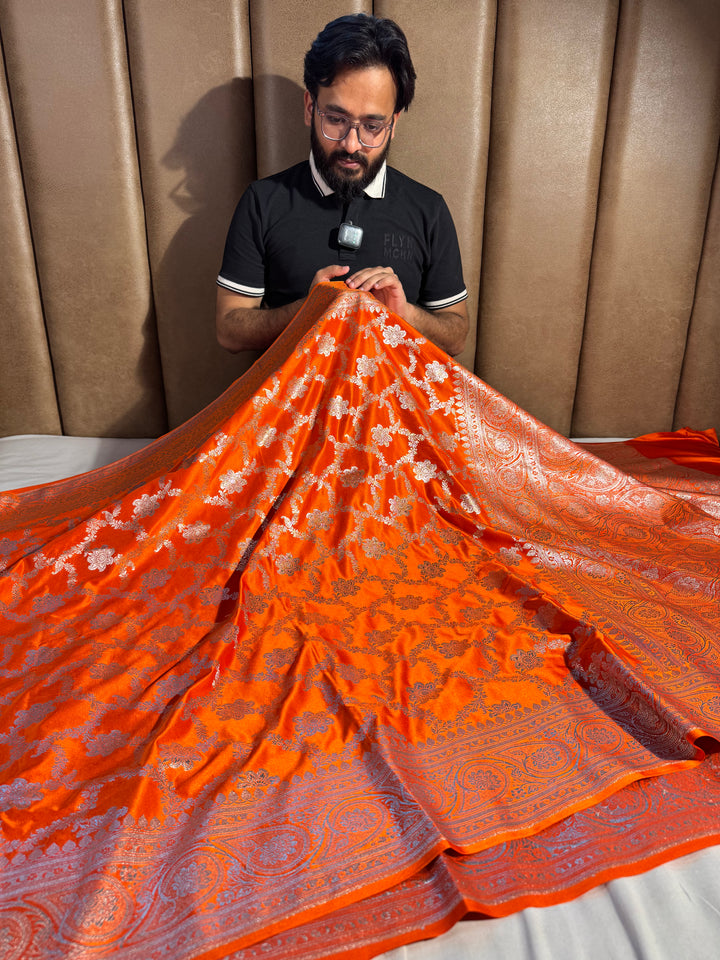 Cosmo Orange Satin Silk Heritage Banarasi Saree
