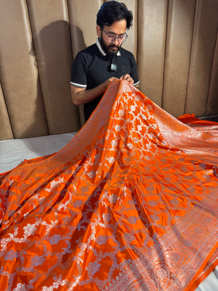 Cosmo Orange Satin Silk Heritage Banarasi Saree