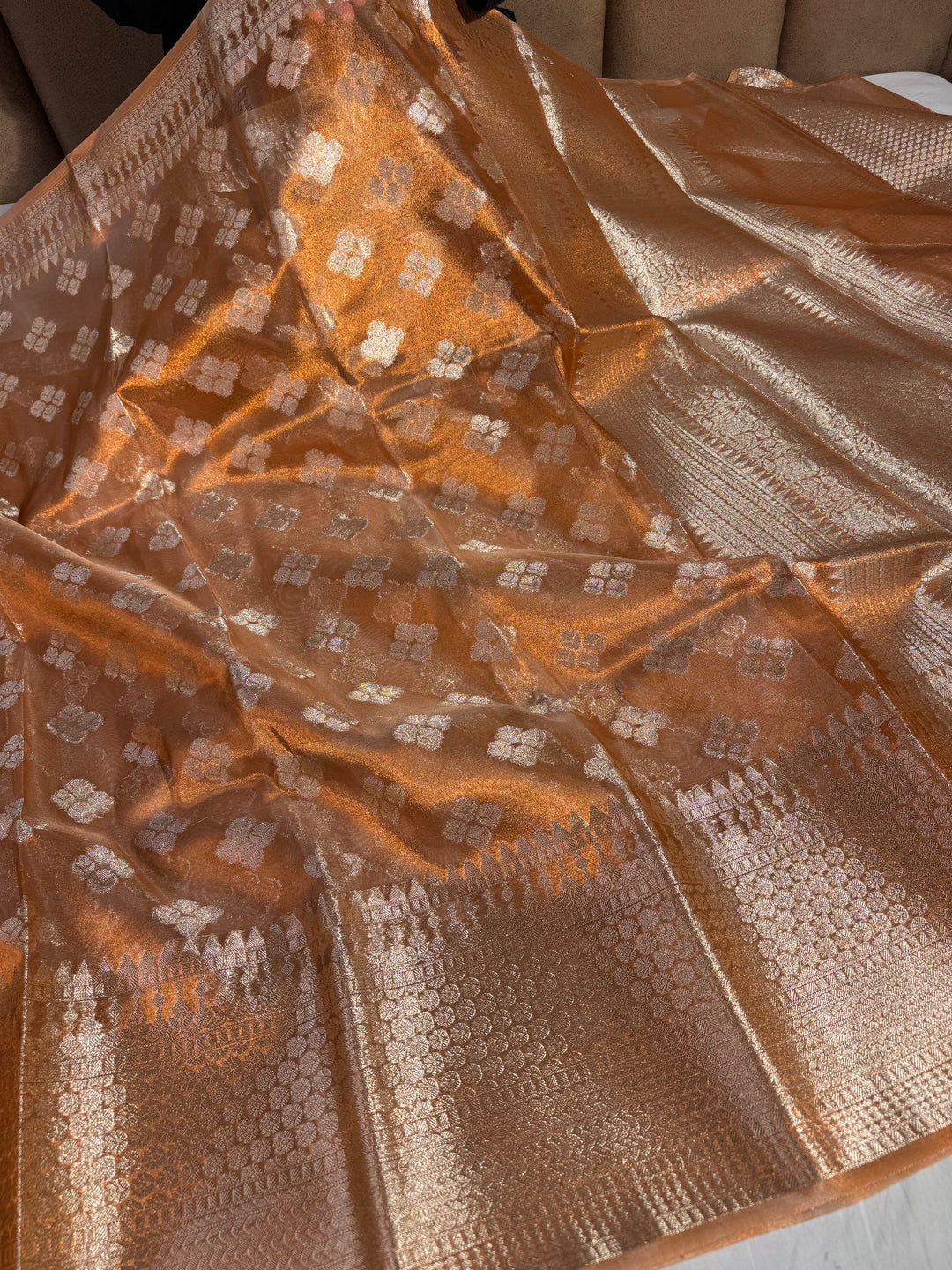 Rust Copper Tissue Silk Saree with rich pallu and blouse