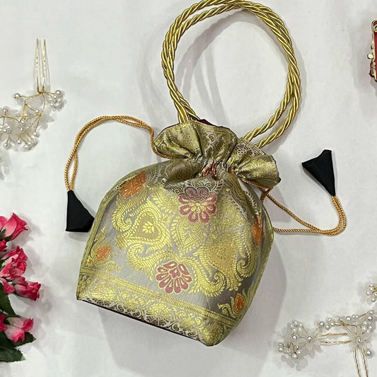 White Elegance Banarasi Potli Bags