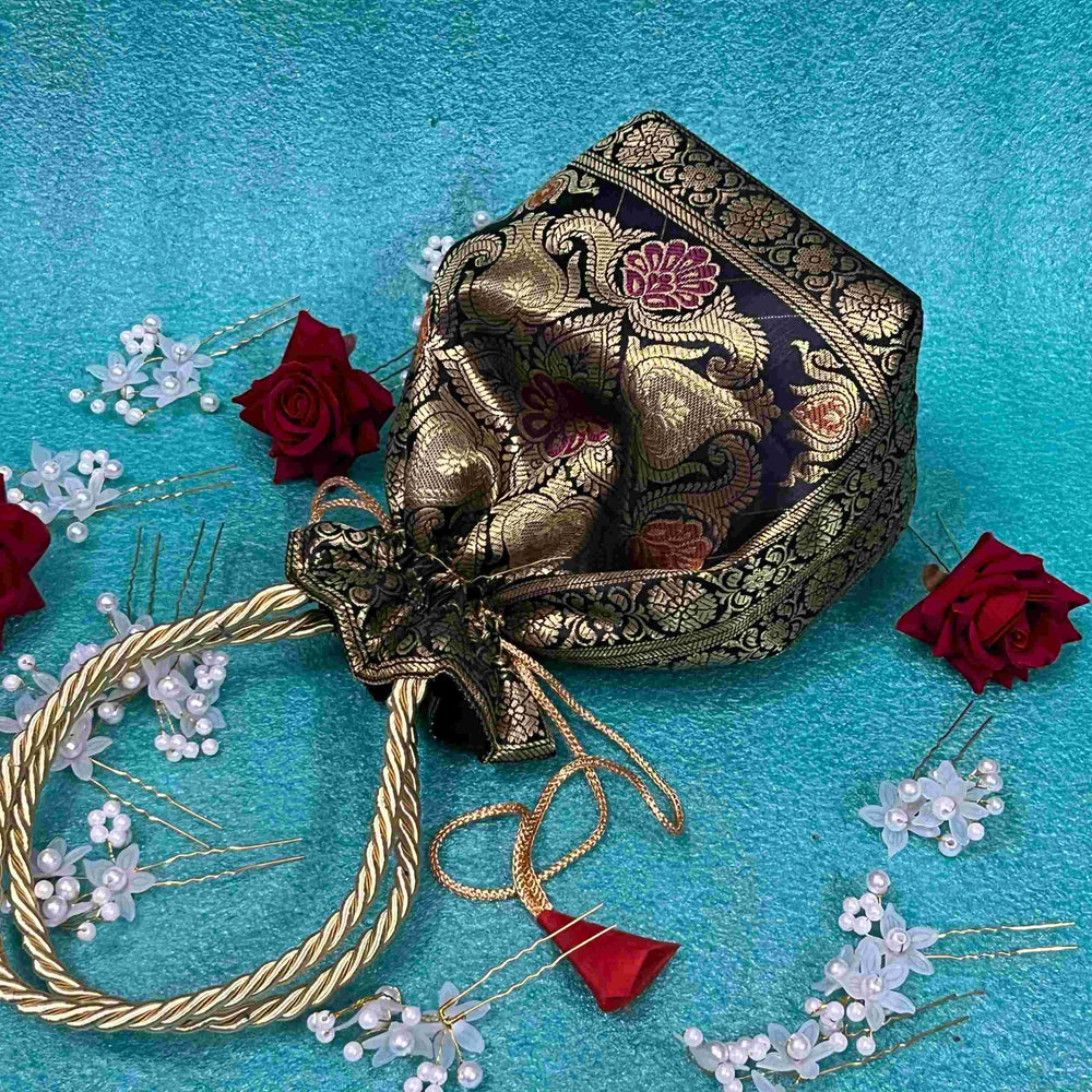 Stunning Black Colour Banarasi Potli Bags