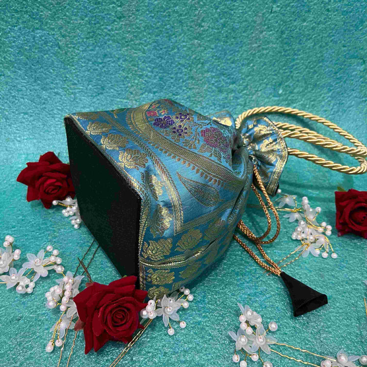 Light Blue Ethnic Banarasi Potli Bags