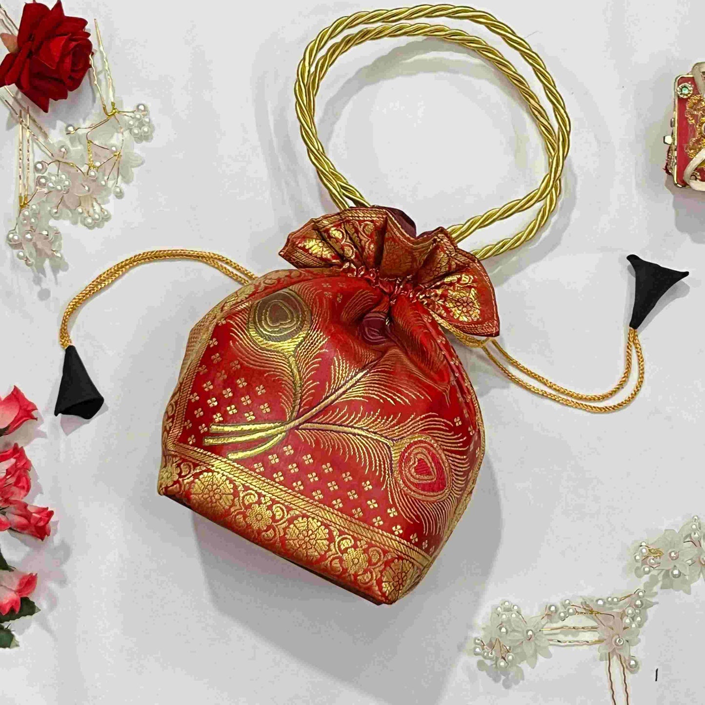 Red Elegance Banarasi Potli Bags