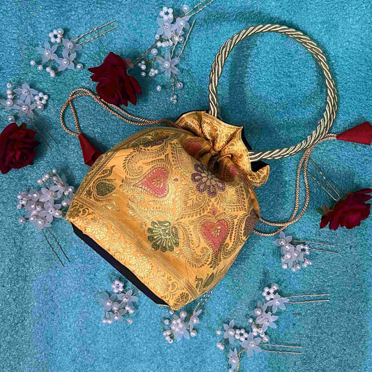 Yellow Elegance Banarasi Potli Bags