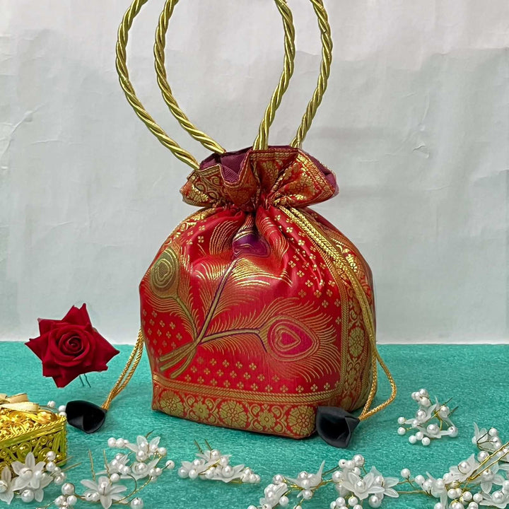 Red Elegance Banarasi Potli Bags