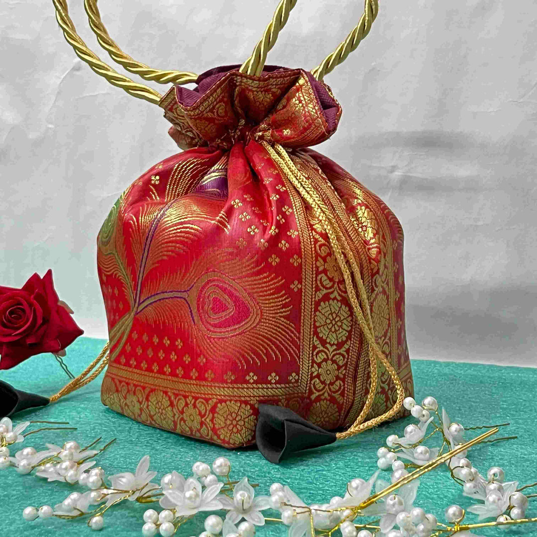 Red Elegance Banarasi Potli Bags