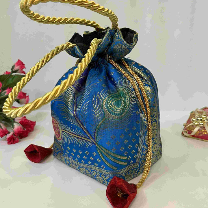 Royal Blue Elegance Banarasi Potli Bags