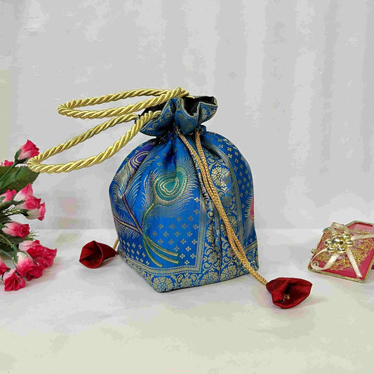 Royal Blue Elegance Banarasi Potli Bags