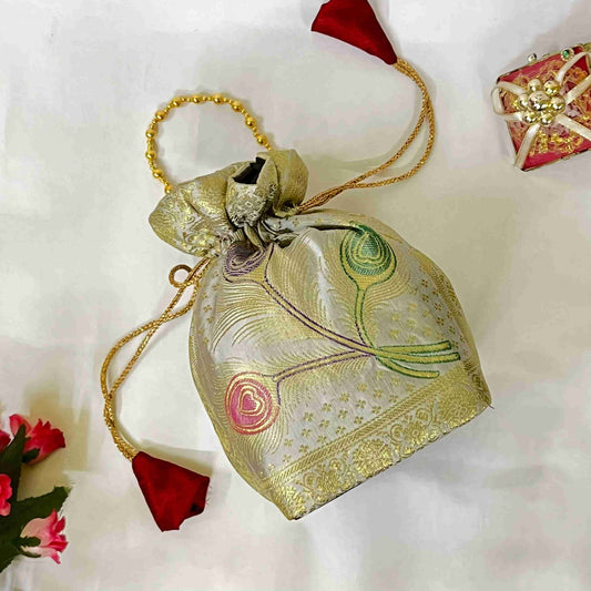 White Elegance Banarasi Potli Bags