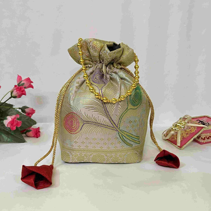 White Elegance Banarasi Potli Bags