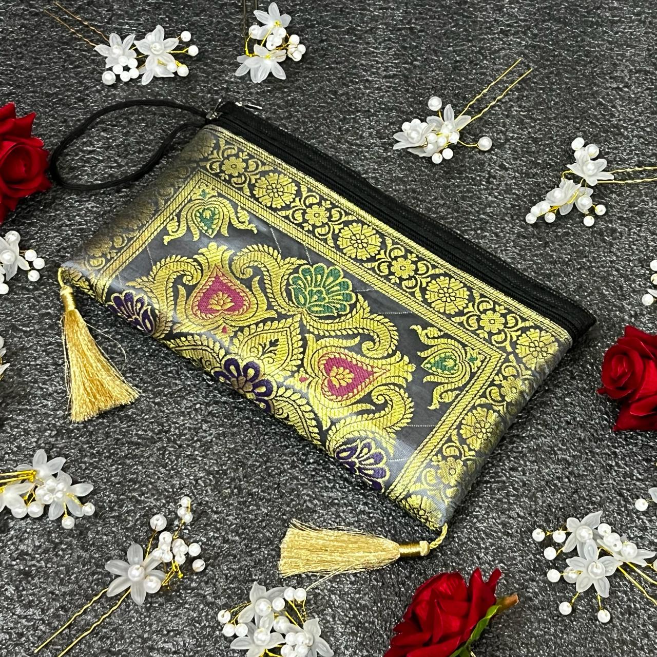 Exclusive Gray Handmade Banarasi Women Wallets