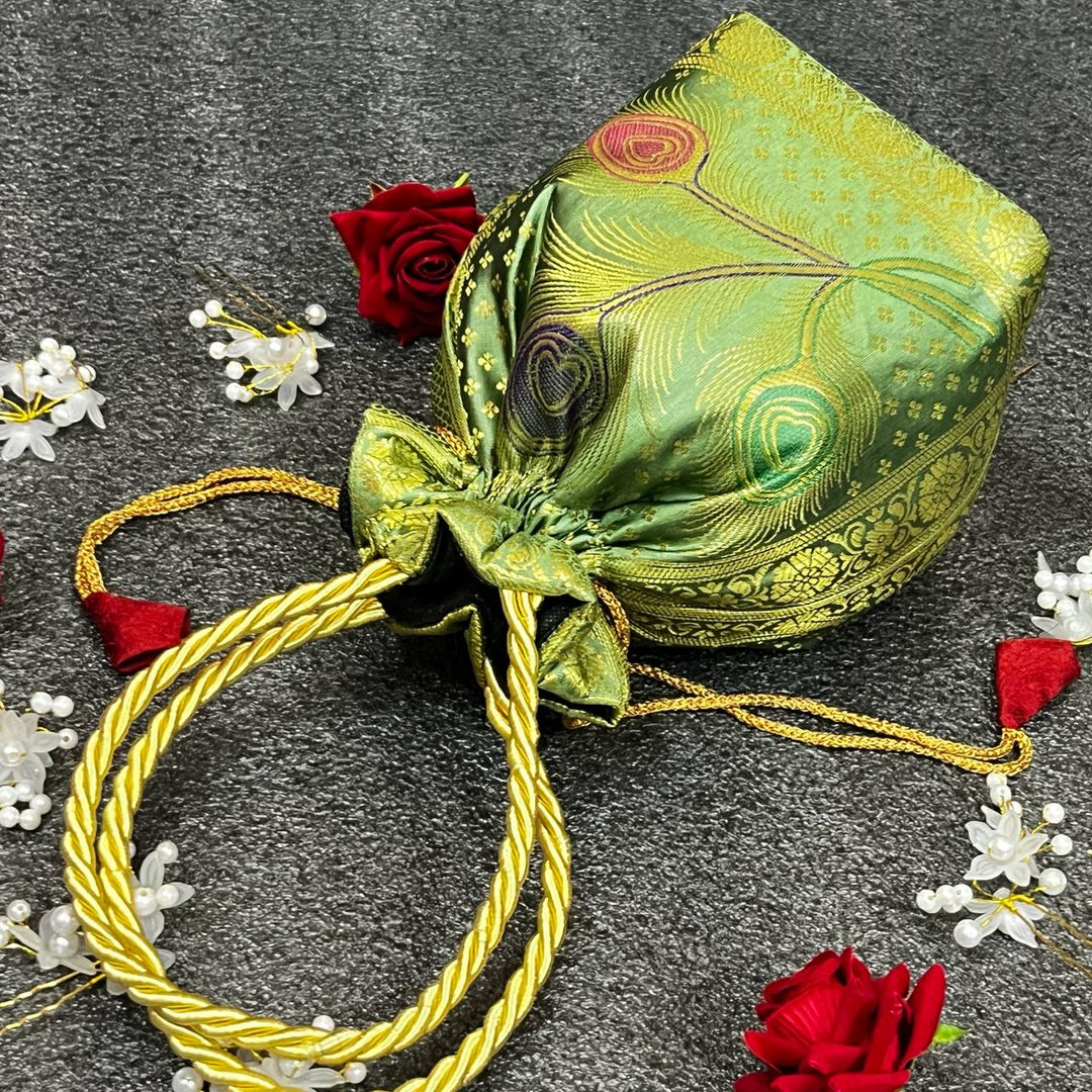 Pista Colour Elegance Banarasi Potli Bags