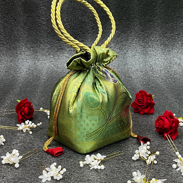 Pista Colour Elegance Banarasi Potli Bags