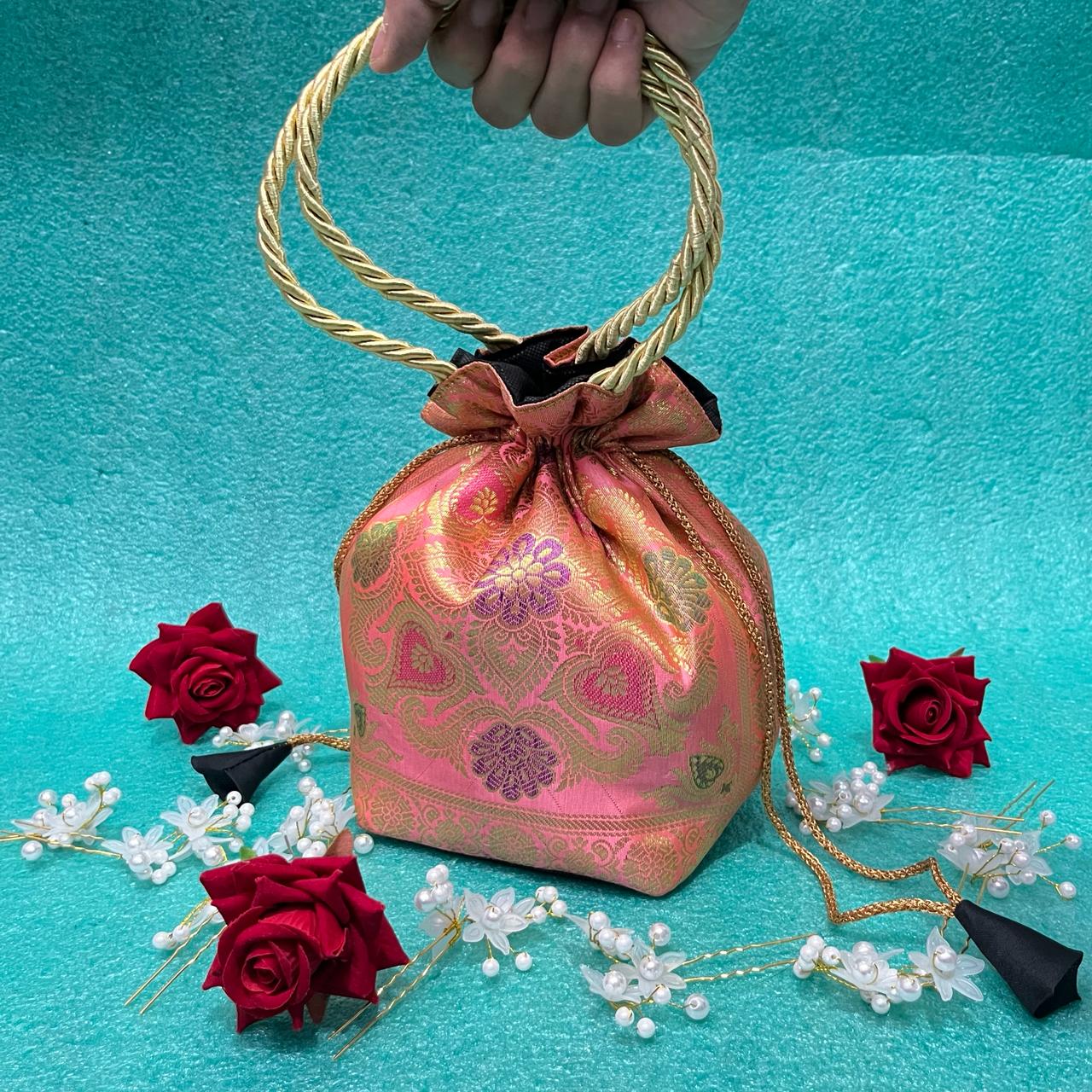 Baby Pink Elegance Banarasi Potli Bags