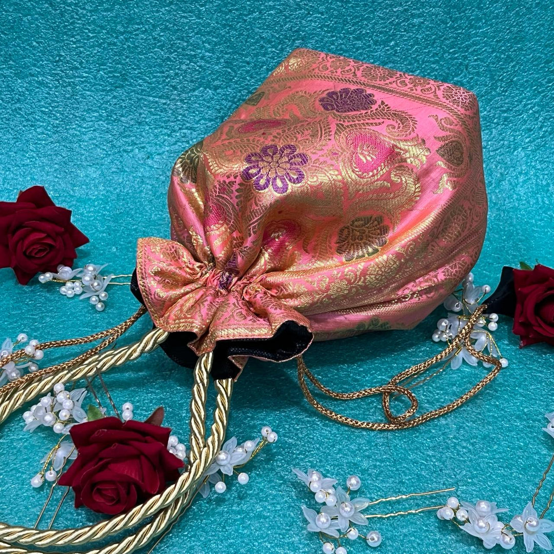 Baby Pink Elegance Banarasi Potli Bags