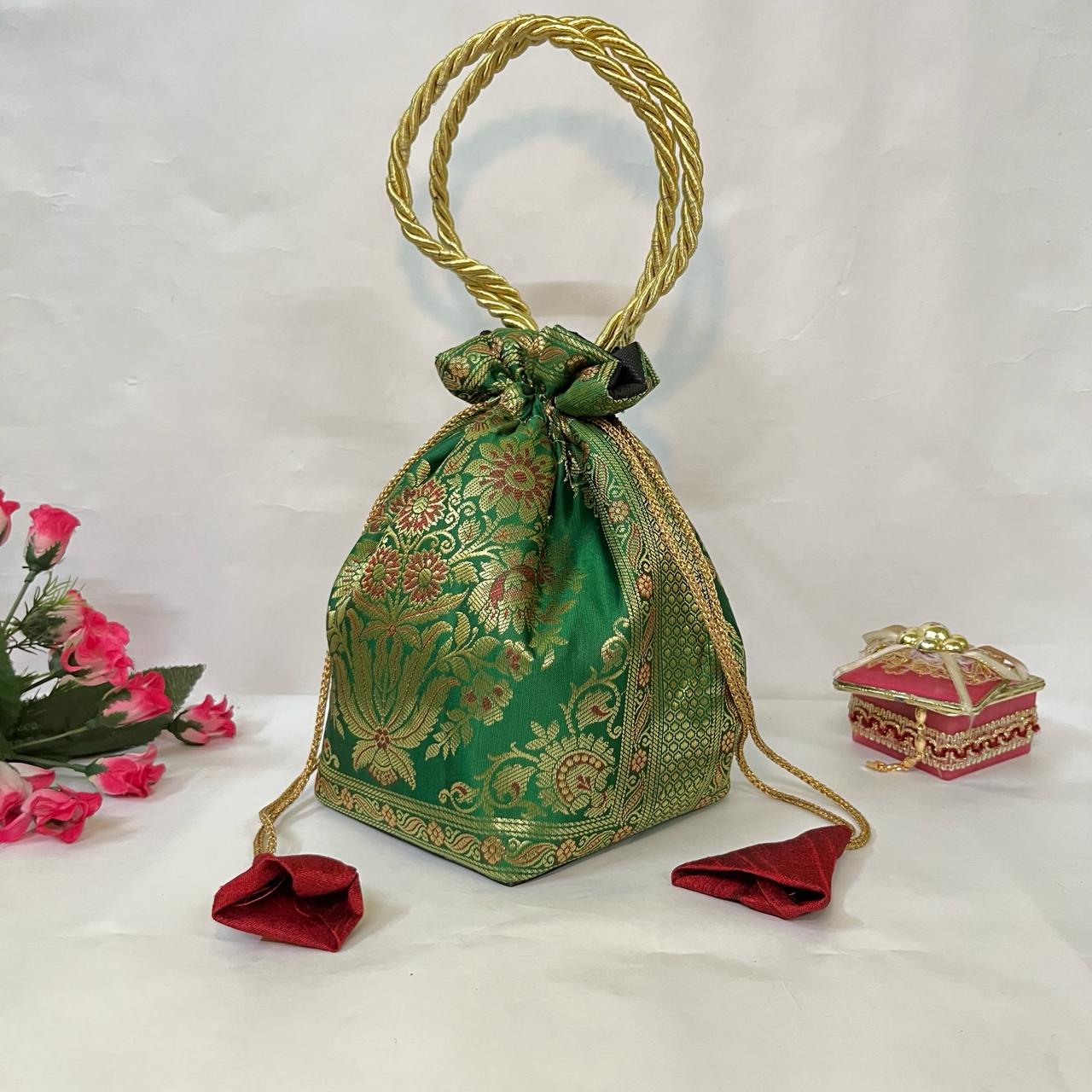 Green Elegance Banarasi Potli Bags