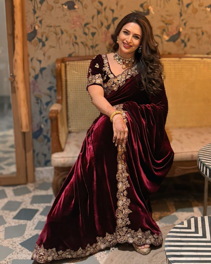 Divyanka Tripathi Premium Velvet Special Saree with Heavy Handwork Saree