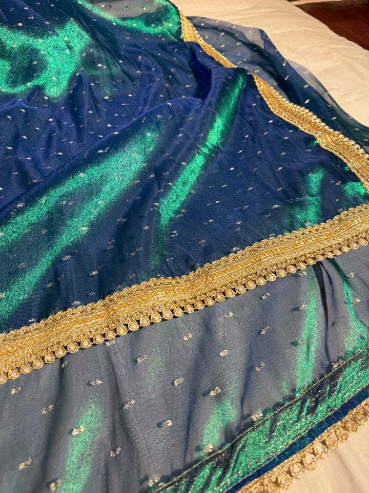 World’s 1st Peacock Colour Tissue Silk Designer Lace Work Banarasi Saree