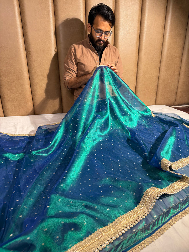 World’s 1st Peacock Colour Tissue Silk Designer Lace Work Banarasi Saree