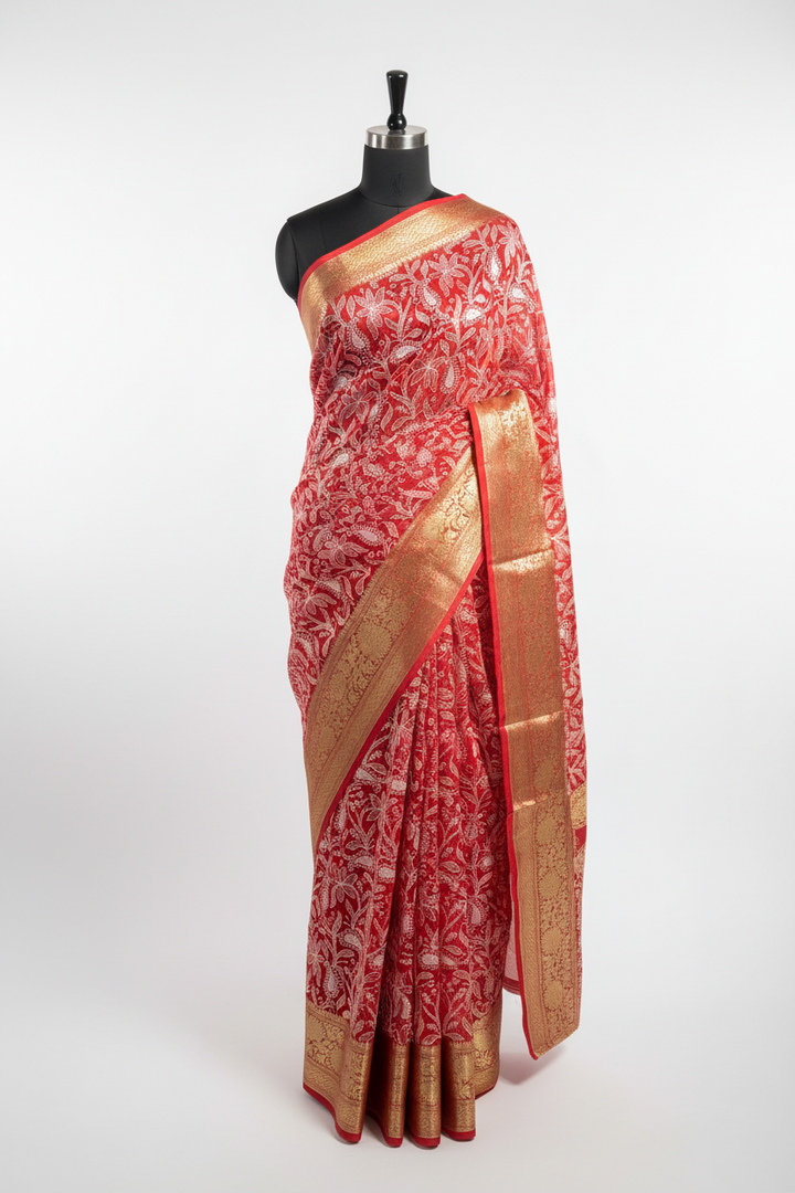 Bridal Red Organza Silk Chikankari Work Banarasi Saree