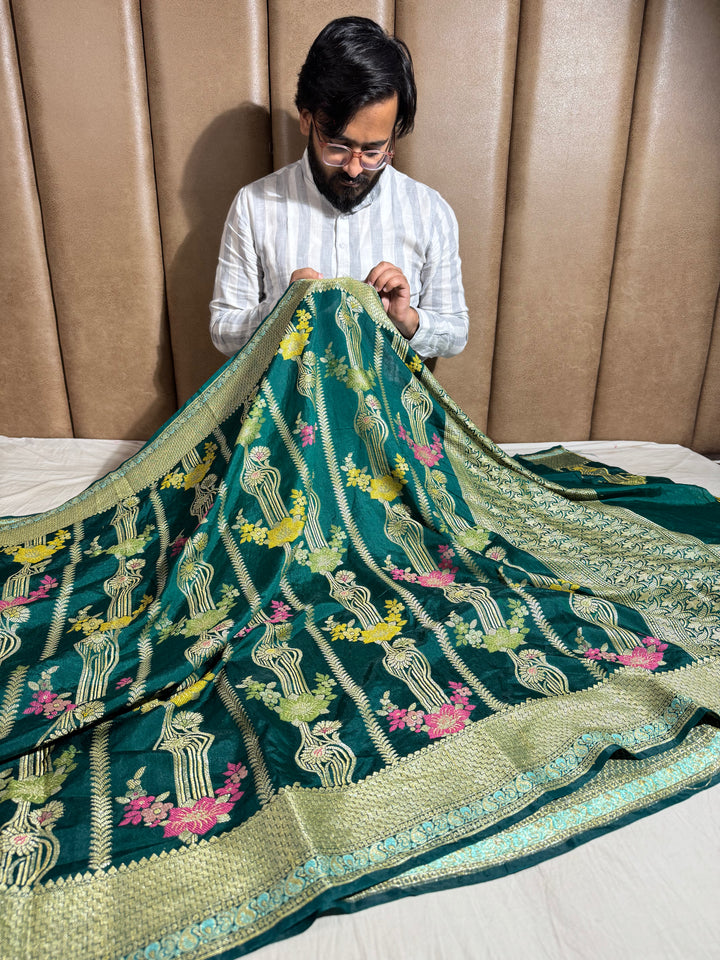 Bottle Green shade banarasi warm silk saree with exclusive heritage design pattern and rich pallu