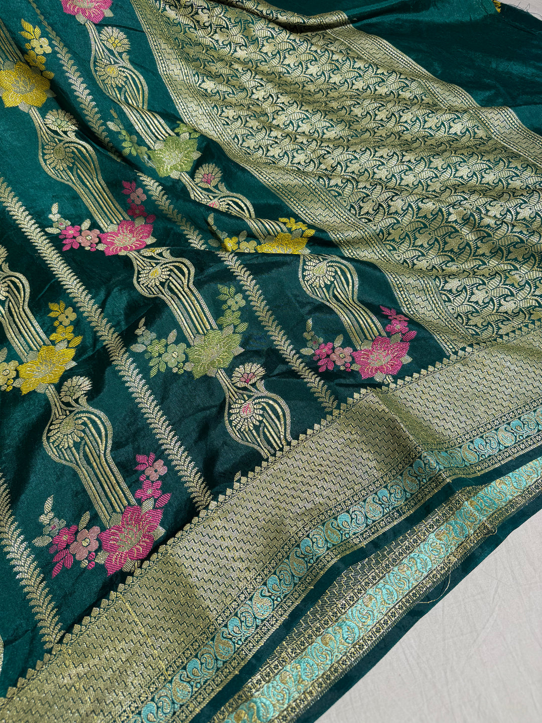 Bottle Green shade banarasi warm silk saree with exclusive heritage design pattern and rich pallu